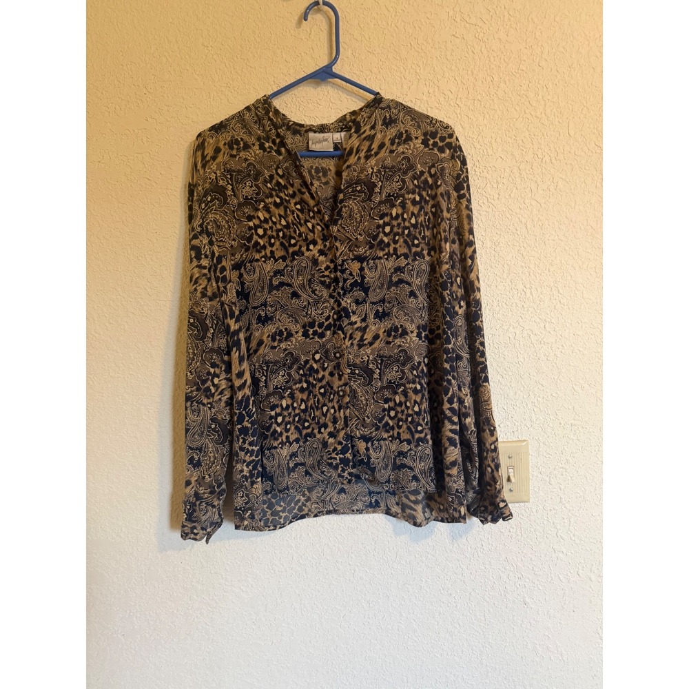 Jacqueline Ferrar Silk Blouse Womens 14 Brown Leopard Paisley Long Sleeve Button